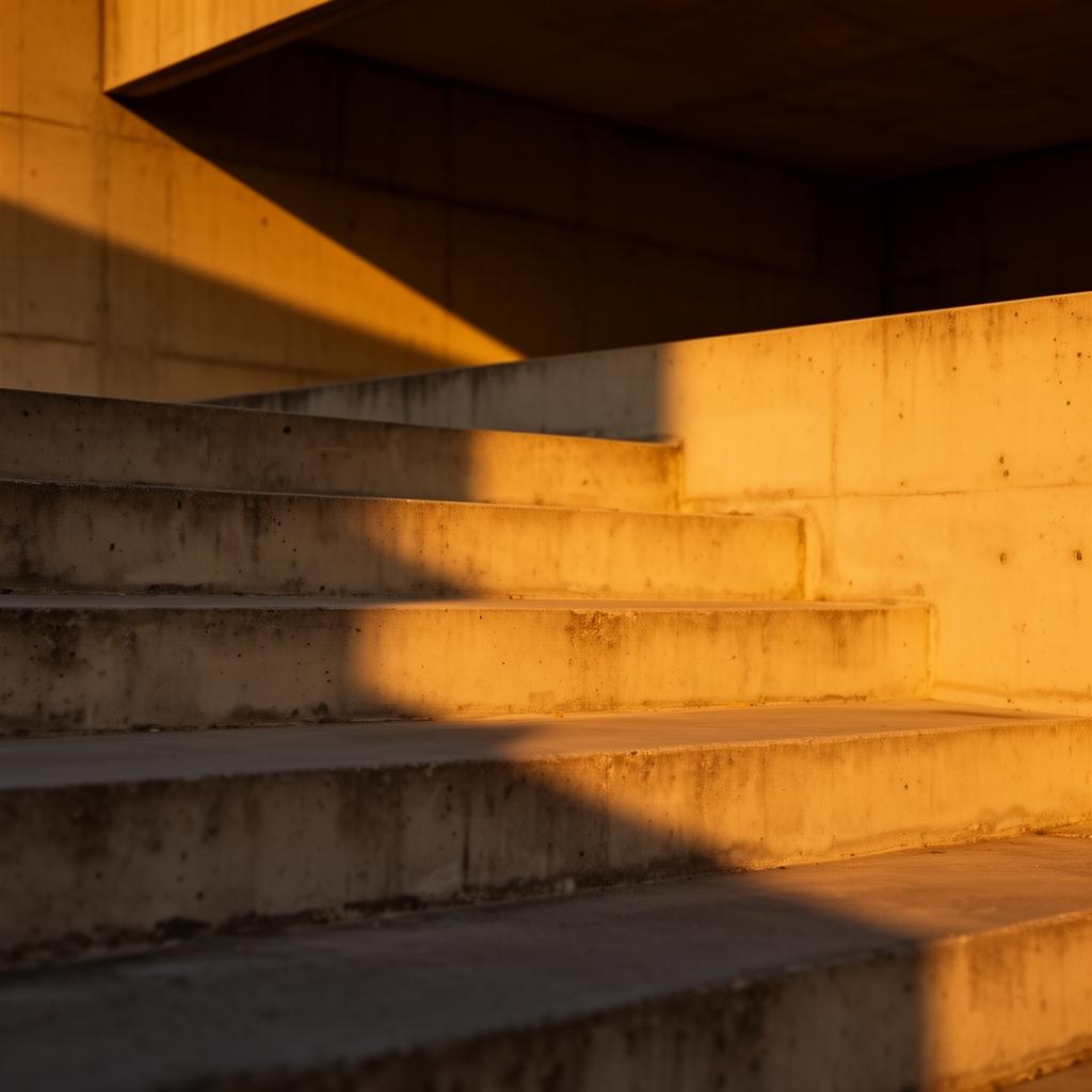 Layered concrete steps under warm light